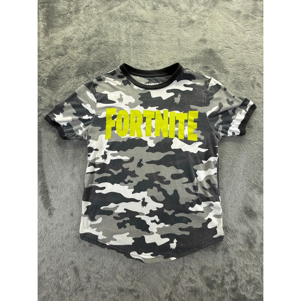 Fortnite Kids Boys Grey Camo Llama Graphic T-Shirt Neon Yellow Logo Size L 10/12